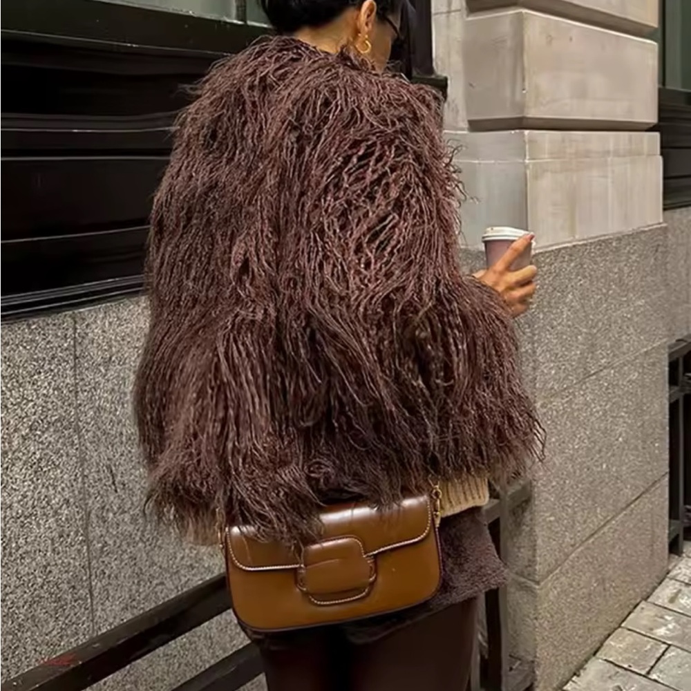 Fluffy warm mop women Luxurious Brown Faux Fur Coat shaggy shearling